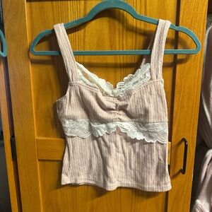 Pink Ribbed Tank Top with Lace Trim